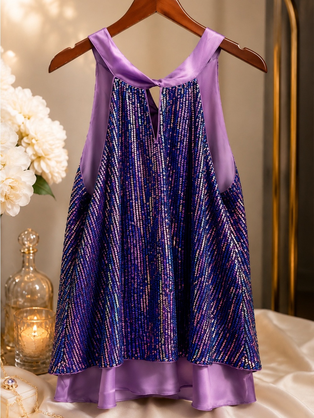 Lavender Sequin Sparkle Halter Tank Top Sz L Like New Condition